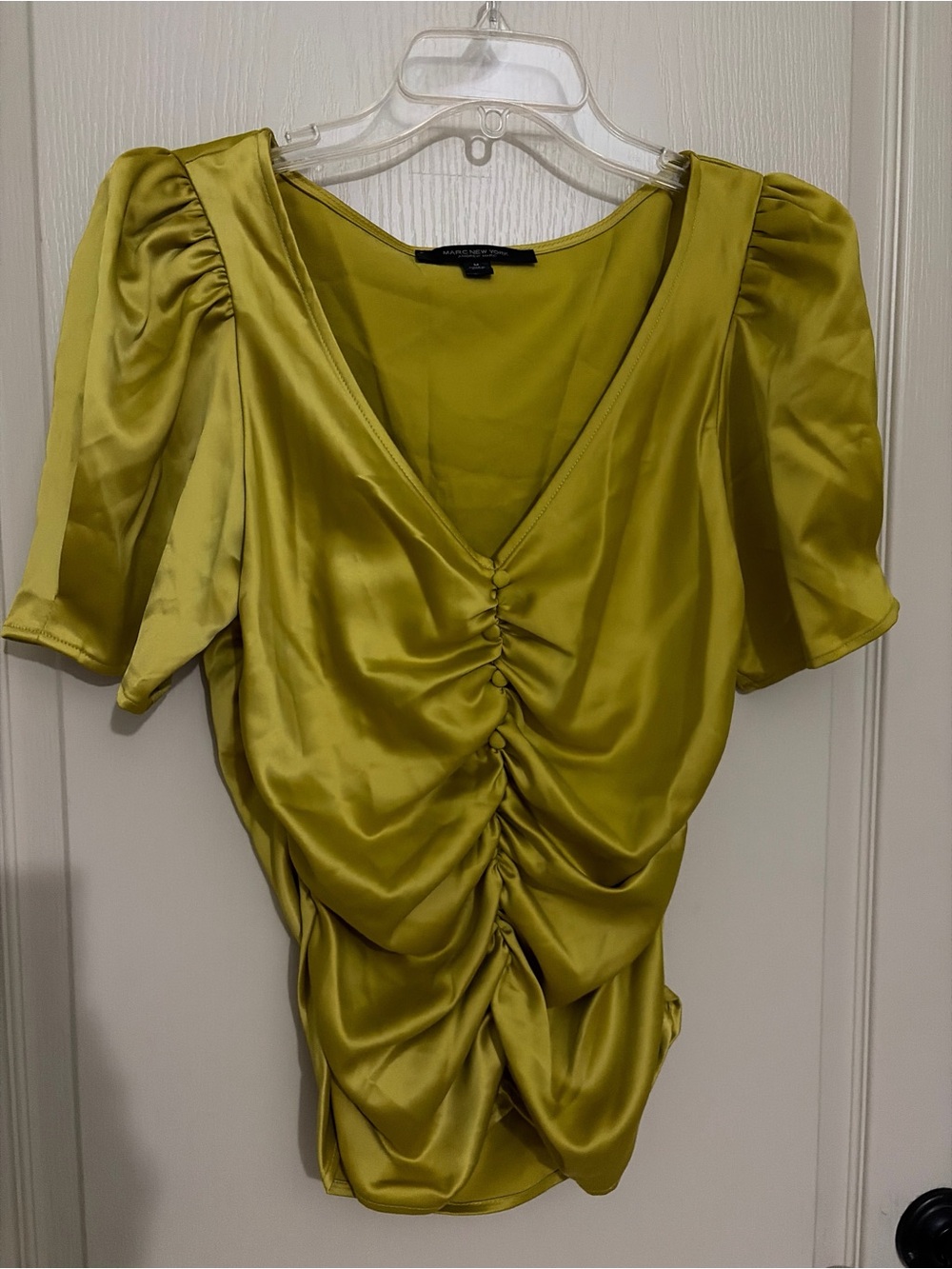 Marc New York Chartreuse Green Satin V-Neck Ruched Puff Sleeve Blouse sz M - Picture 2 of 7
